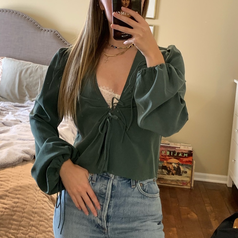 Urban Outfitters Tie-front, Puff-sleeve top